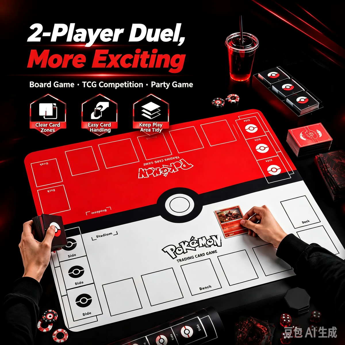 TCG Playmat for 2 Players, Trading Card Game Battle Mat, Board Game Card Playmat Compatible with Pokemon and Other Standard Card Games